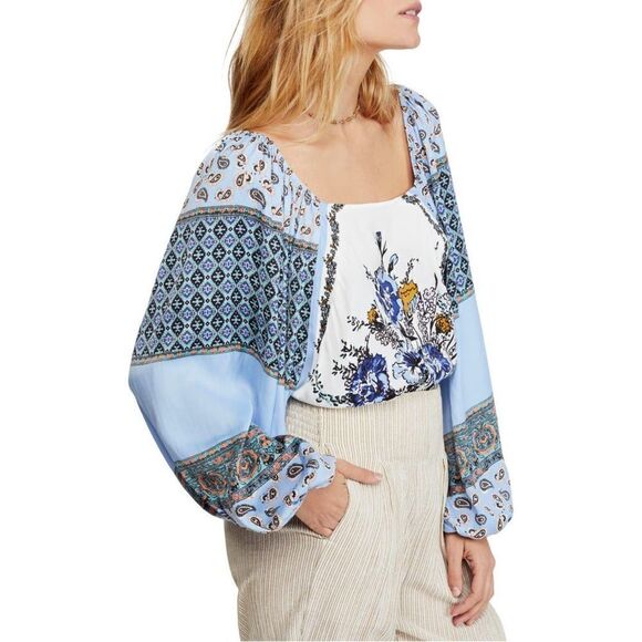 Free People Positano Print Blouse Size Small NWT Ivory Combo Floral Paisley - Picture 3 of 13